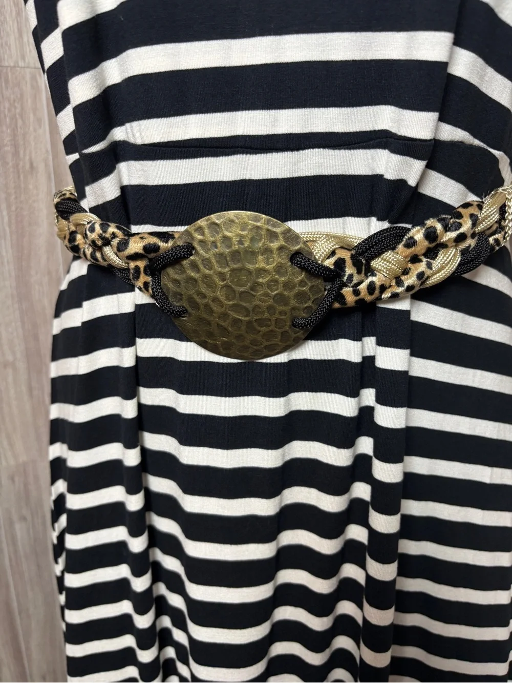 Women’s Braided Belt Leopard Print Metallic Gold Rope Hammered Medallion Buckle